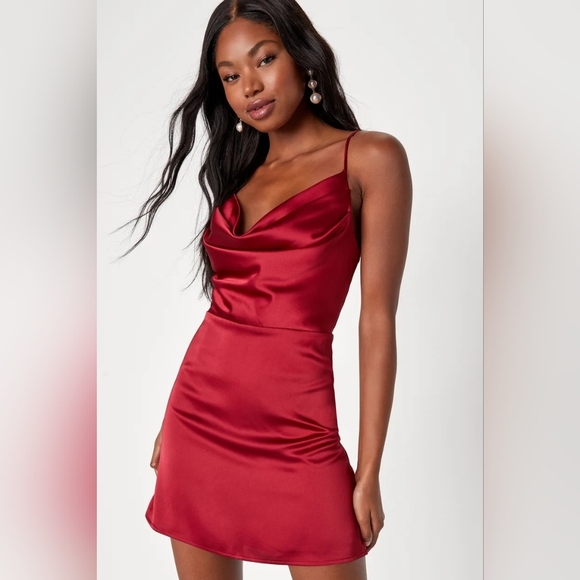 Lulus Luxe Reputation Wine Red Satin Sleeveless Cowl Neck Mini Dress L Party - Picture 3 of 9